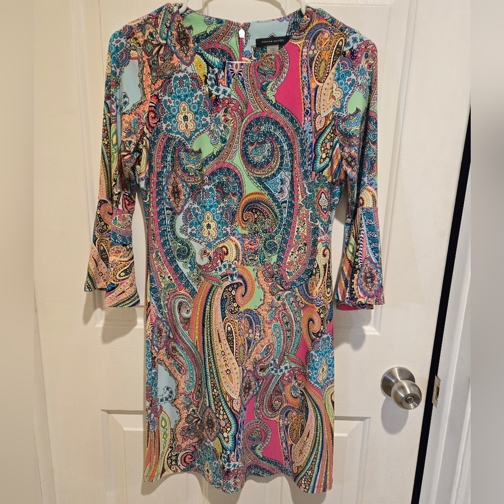 Tommy Hilfiger Jaipur Jersey Dress Sz 2P Multicolor Paisley 3/4 Bell Sleeve